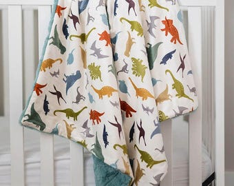 Dinosaur Minky Baby Blanket 32x36 | Fossil Rim Dinosaurs Cream | Riley Blake Designs