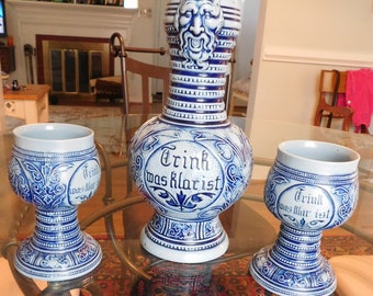 German ceramic wine carafe and 2 cups Plein Weinkrug und Weinbecher