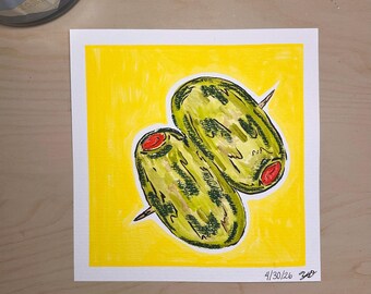 Peinture originale, technique mixte, nature morte olive, art mural jaune minimaliste