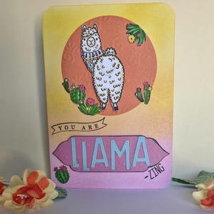 You’re Llama-zing Card – Handmade Llama Birthday or Friendship Card – Sunset Desert Scene with Cactus and Cute Llamas – Fun Animal Greeting
