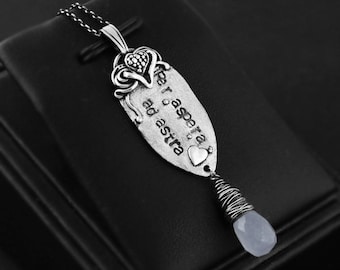 Per aspera ad astra  - talisman, chalcedony pendant, engraved, stamped, sterling silver, necklace, per aspera ad astra