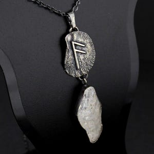 Norse viking runes pendant with ansuz symbol and raw clear quartz crystal in oxidized sterling silver amulet, nordic talisman jewelry.