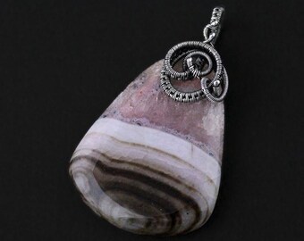 Wire Wrapped Chalcedony Pendant Necklace: Sterling Silver Boho Jewelry