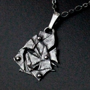 Oxidized sterling silver necklace raw geometric pendant handmade dark silver jewelry artisan organic lunar talisman rustic metalwork