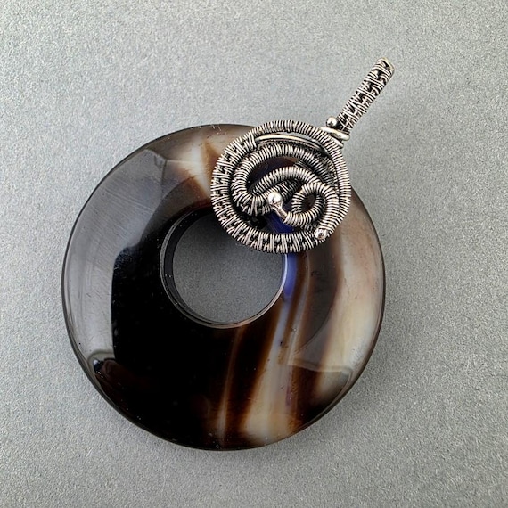 Handmade Dark Brown Agate Donut Pendant in Wire Wrapped Sterling