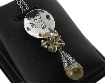 Oxidized Sterling Silver Floral Necklace: Jasper, Garnet & Quartz