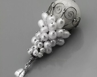 Long pearl drop in sterling nest  - pure silver, white freshwater pearls, ecru pearl ball in resin