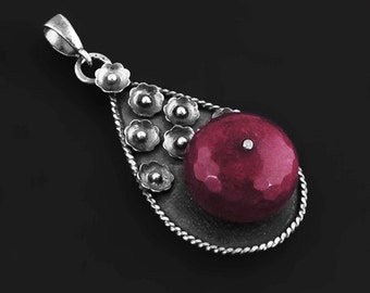 Ruby Jade, sterling silver,  riveting, riveted silver, rose jade, dark ruby, dark pink, ruby silver pendant, jade silver pendant, oxidized