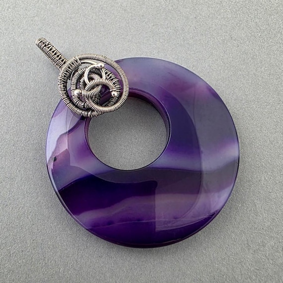 Wire Wrapped Purple Agate Donut Pendant: Sterling Silver Boho