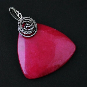 Handmade Pink Agate Pendant – Wire Wrapped Triangular Necklace in Fine & Sterling Silver – Gift for Her – Crystal Healing Jewelry