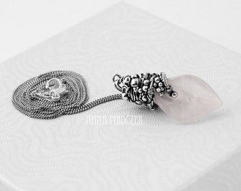 Rose quartz pendant, wire wrapped pendant, sterling silver, calla pendant, oxidized, silver flower pendant, light pink, 925, wire wrap