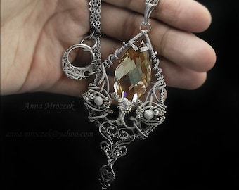 Large pendant, wire-wrapped necklace with chain, Swarovski golden shadow in pure silver