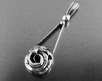 Handmade Oxidized Sterling Silver Rose Pendant, Floral Necklace