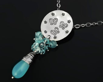 Stamped necklace, butterfly, summertime, apatite, blue chalcedony, sterling silver