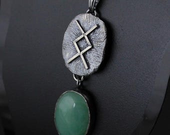 Handmade sterling silver Ingwaz / Inguz runic pendant with green aventurine stone | viking runes necklace | nordic amulet jewelry