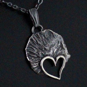 Raw sterling silver heart necklace handmade oxidized pendant silver chain rough texture artisan fine silver minimalist statement jewelry