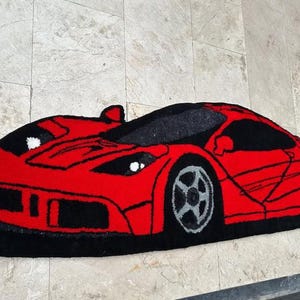 Handmade Red Sports Car Rug – Tufted Custom Car Shaped Carpet for Kids Room, Boys Room Decor, Playroom Mat, Cool Racing Car Floor Rug