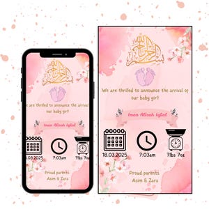 Plantilla Canva para anuncio de nacimiento de niña musulmana / Descarga digital editable para recién nacidos islámicos / Tarjeta de llegada de bebé / Revelación floral rosa