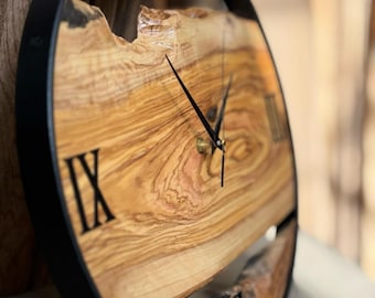 Custom Made Resin & Olive Wood Wall Clock, Made to order Epoxy and Olive Wood Wall Clock, Home gift, Live Edge Rustic Olive Wood Wall Clock