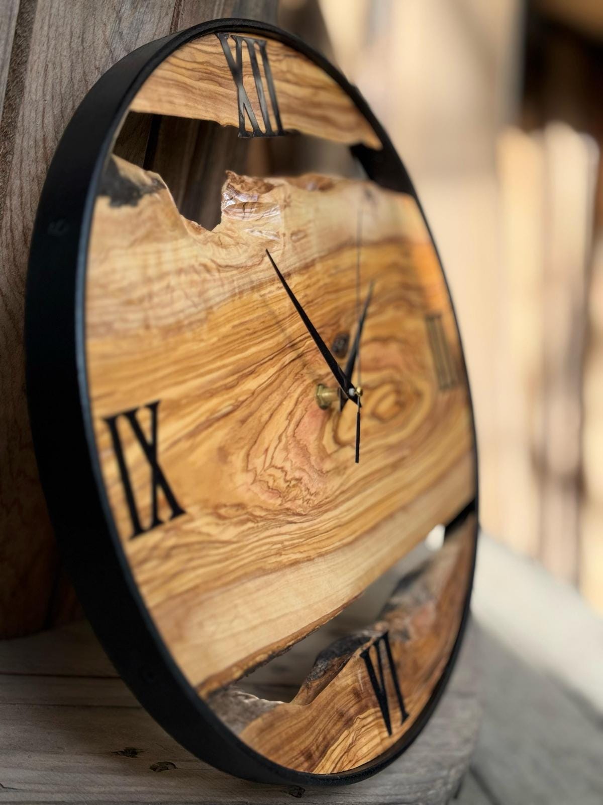 Rustic Timepiece Handmade Olive Wood Wall Clock Silent Modern Rustic Decor, Natural ...