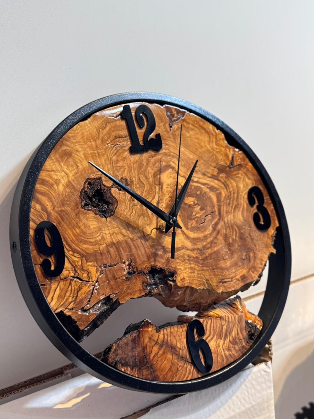 Custom Made Metal & Olive Wood Wall Clock, Large Wood Clock, Live Edge ...