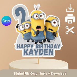 Editable Minion Cake Topper | Canva Template | Instant Download | Custom Name & Age | Birthday Cake Party Decoration - Cricut