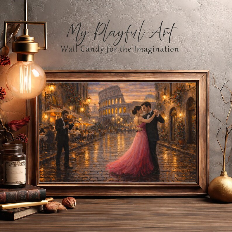 Rome Wall Art: Romantic Couple Dance - Evening Streetlight Scene image 10
