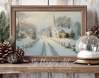 Snowy Church Wall Art: Cozy Winter Village Scene