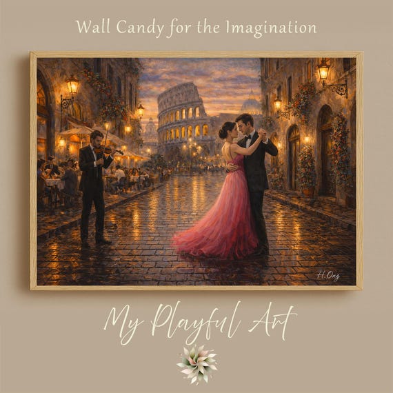 Rome Wall Art: Romantic Couple Dance - Evening Streetlight Scene