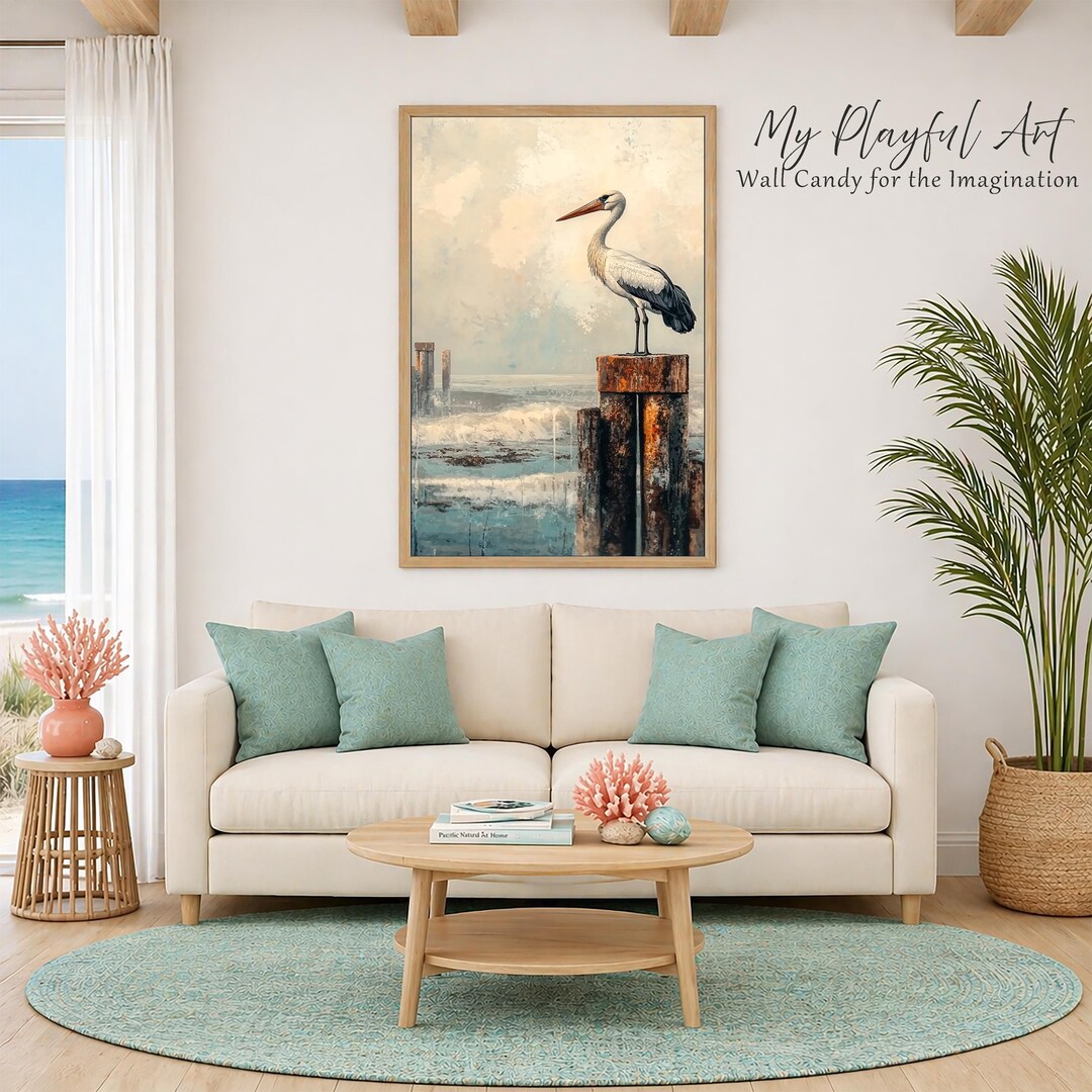 Coastal Bird Wall Art Heron Print Ocean Pier Bird Beach Decor Digital ...
