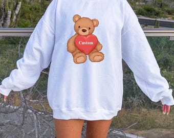 Custom Text Bear Heart crewneck College, Team Camp Apparel Mascot, Tailgate, Dorm, Bed Decorating, Sorority, Big little, Graduation gift