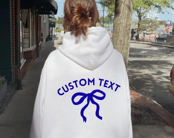 Custom Text Bow Hoodie College, Team Camp Apparel Mascot, Tailgate, Dorm, Bed Decorating, Sorority, Big little, Graduation gift