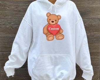 Custom Text Bear Heart Hoodie College, Team Camp Apparel Mascot, Tailgate, Dorm, Bed Decorating, Sorority, Big little, Graduation gift