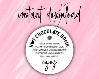 Printable Valentine's Day Hot Cocoa Bomb Tags, Round Gift Tags, Winter Cocoa Bomb Tag, Hot Chocolate Bomb Instructions, Instant Download