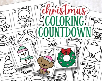 Printable Christmas Coloring Countdown, Kids Christmas Coloring Pages, Christmas Advent Calendar, 24 Holiday Illustrations, Instant Download