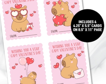 Adorable Capybara Saint-Valentin, Carte Saint-Valentin imprimable, Capybara, Saint-Valentin en classe, Fête pour la classe d'enfants, Impression numérique à la maison, Saint-Valentin animal