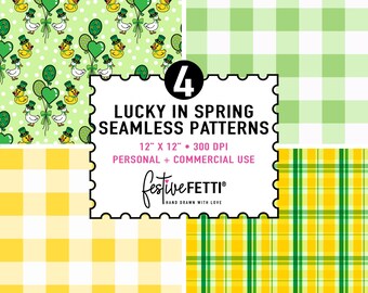 Papiers numériques Lucky Duck + motifs printaniers sans couture | Vichy et carreaux | Arrière-plans imprimables pour le scrapbooking, kit de fournitures pour journal indésirable