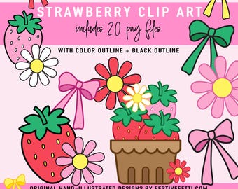 Strawberry Clip Art, Berry Sweet Illustrations, Coquette Bows, Strawberries, Berry Basket, Daisies, 20 PNG Commercial Use, Digital Graphics