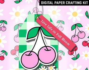 Cherry Blossom Scrapbook Kit, Spring Ephemera, Printable Paper, Gingham Seamless Patterns, DIY Cherry Gift Tags, (Digital Download)