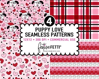 Papiers numériques Puppy Love + motifs sans couture | Plaid rouge rose noir | Arrière-plans imprimables pour le scrapbooking, kit de fournitures pour journal indésirable