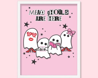 Mean Ghouls Halloween Print, Halloween Ghost Art, Cute Ghost Illustration, Retro Halloween Printable, Halloween Party Signage, Digital Art