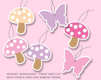 Pilz Geschenkanhänger, Fee Garten Geburtstag, Pilz Favor Tag, Rosa Fliegenpilze, druckbare Fee, Pilz Geschenkanhänger, Fee Magic Garden