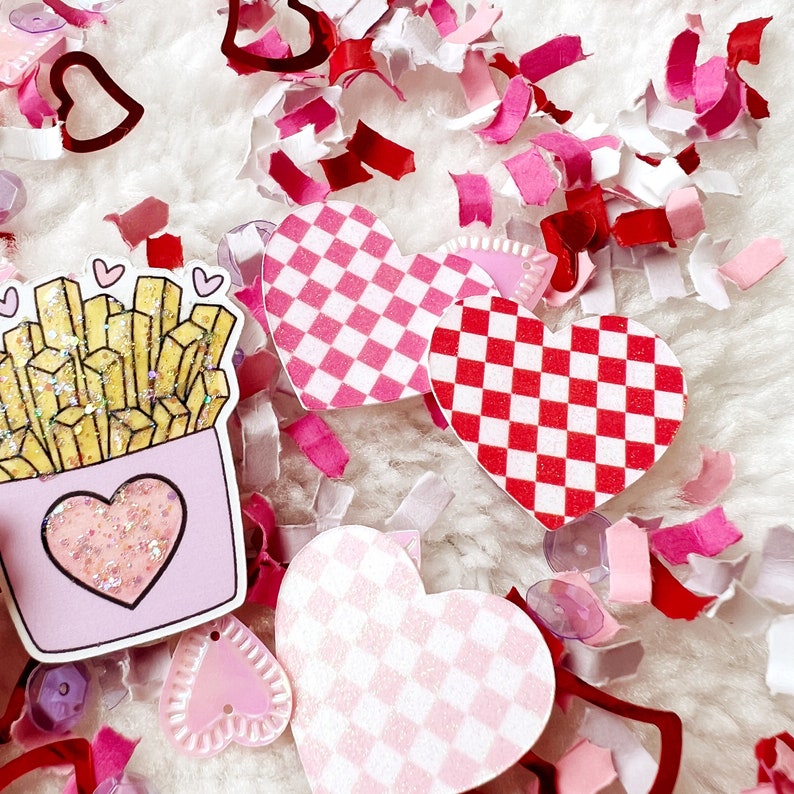Fries Before Guys, Valentines Day Confetti, Galentines Day Party, Valentine Birthday Decor, French Fry Party Decorations, Checkered Hearts image 4