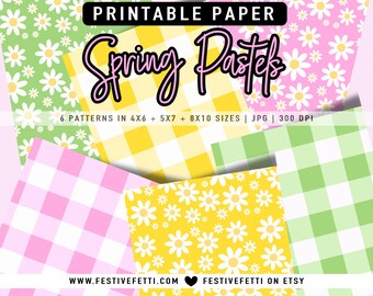 Spring Easter Pastel Digital Paper Pack, Gingham Pattern, Daisy Prints, Scrapbooking Pages, Scrapbook Sheets Printable, Commercial Use