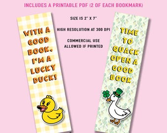 Signets imprimables Lucky Duck | Ensemble de signets PNG en téléchargement numérique | Cadeau de la Saint-Patrick pour les amateurs de lecture | Utilisation personnelle et commerciale