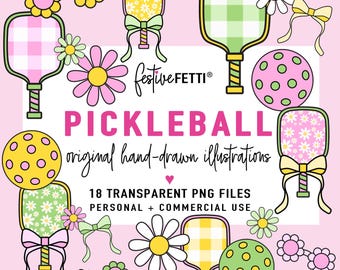 Pickleball Clip Art, Sporty Girl Birthday,  Pink Sports Themed Graphics, Pickleball Party Supplies,  Pickleball Lover, PNG Commercial Use