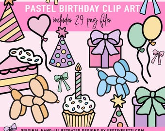 Pastel Birthday Party Clip Art, Girl Birthday, Cute Birthday Graphics with Balloon Dog, Coquette Bows, Cake, Party Hats, PNG Commercial Use