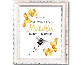 Bee Baby Shower, Druckbares Schild, personalisiertes Willkommensschild, Baby Shower Beschilderung, Mama zu Biene Thema, Hummel Baby Shower Willkommensschild