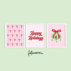 Pink Christmas Wall Art, Coquette Christmas, Pink and Red Christmas Prints, Cute Holiday Decor, Red Bow Christmas Posters, Set of 3 Posters