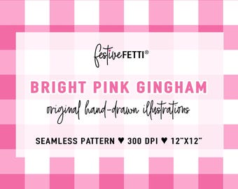 Seamless Bright Pink Gingham Pattern, Cottagecore Digital Paper, Hand-Drawn Checkered Print, Junk Journal, Grandmillennial, Fabric Design